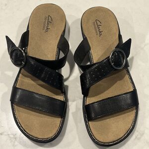 Clarks Bendables Womens sz 9 Leather Shoes Sandals Black Adjustable Strap Buckle